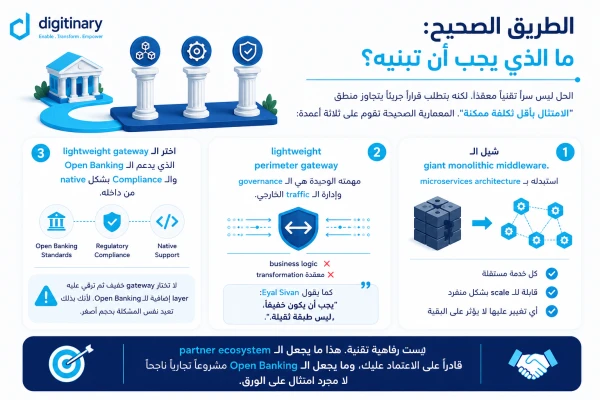 Digitinary infographic summarizing the three architecture pillars: replace monolithic middleware with microservices, add a lightweight perimeter gateway for governance, and choose a gateway with native Open Banking and compliance support